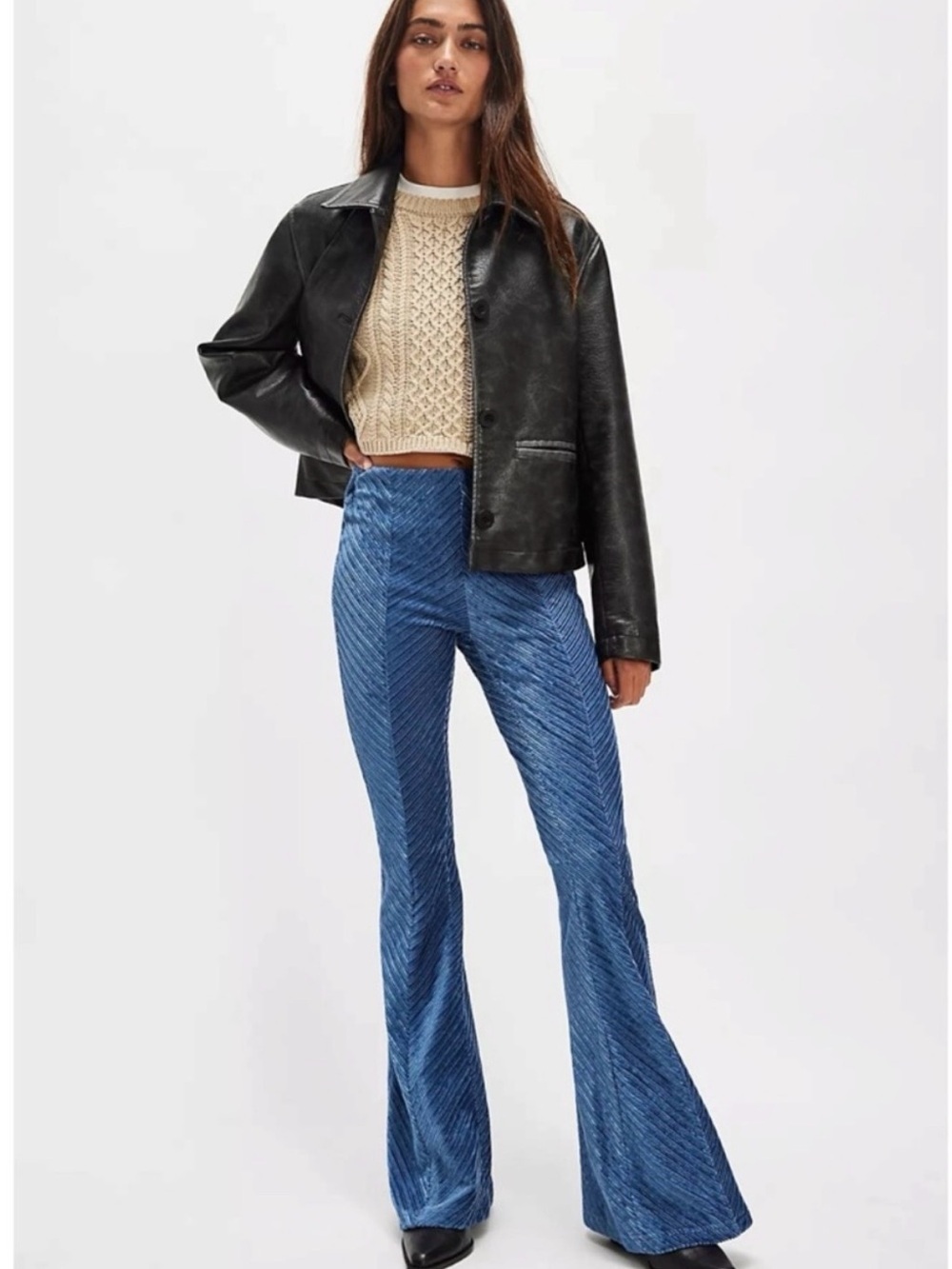 Free People Light Blue Velvet Trim Waistband Pants